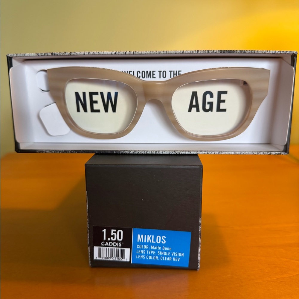 Miklos Matte Bone 1.5 magnification, blue light filtering reading glasses.